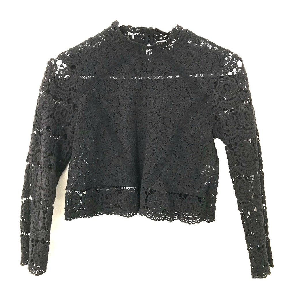 Black crochet, long sleeve, high neck, crop top